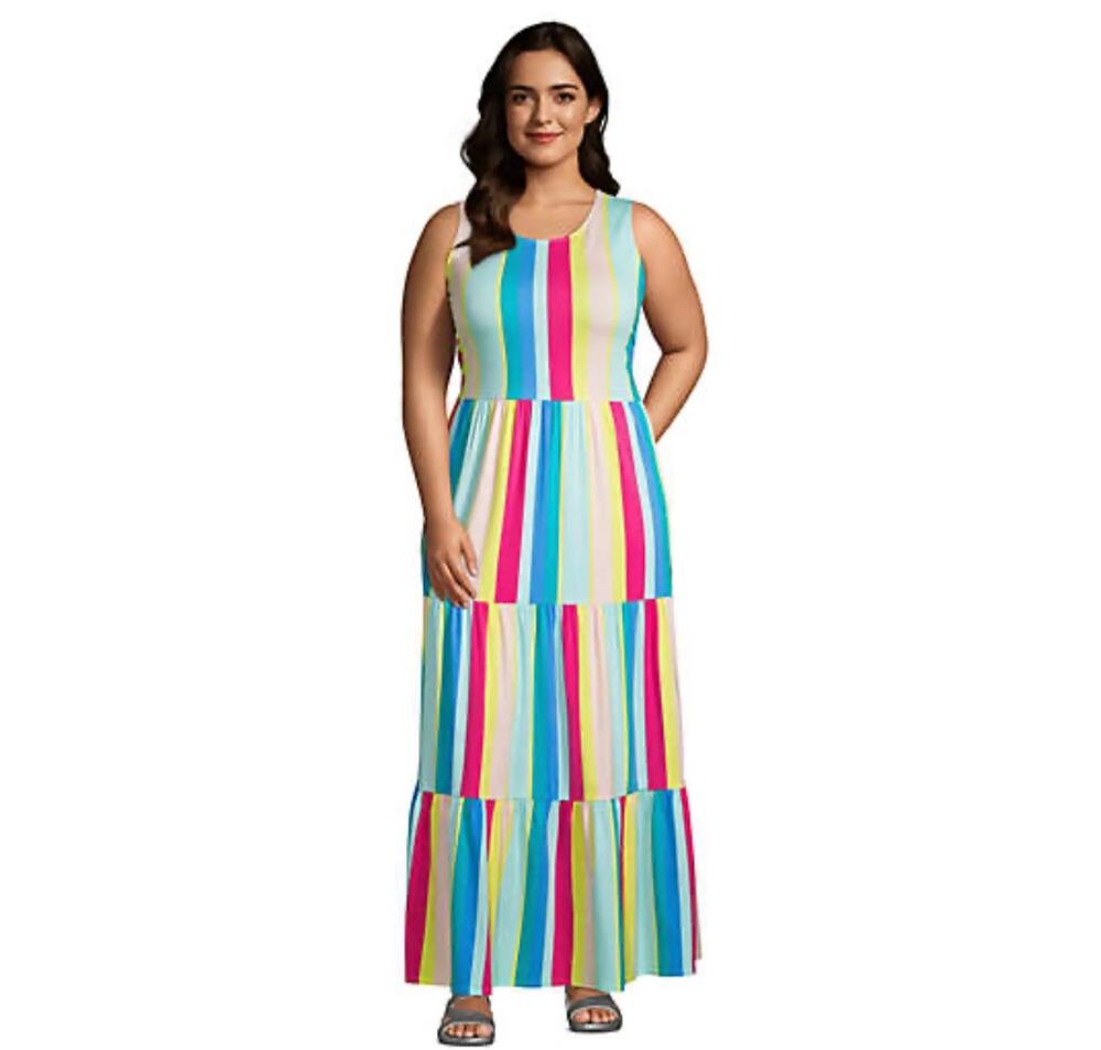 Lands' End Women's Large (US 14/16) Stripe Tiered Sleeveless Stretch Maxi Dress